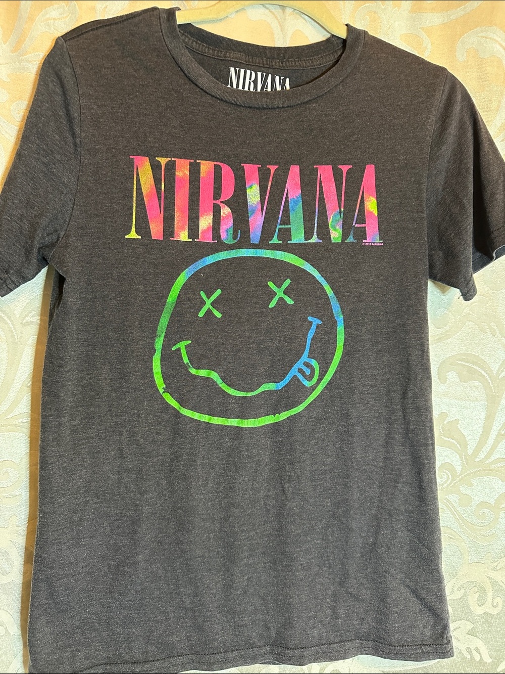 NIRVANA Charcoal Tee with Neon Rainbow Logo